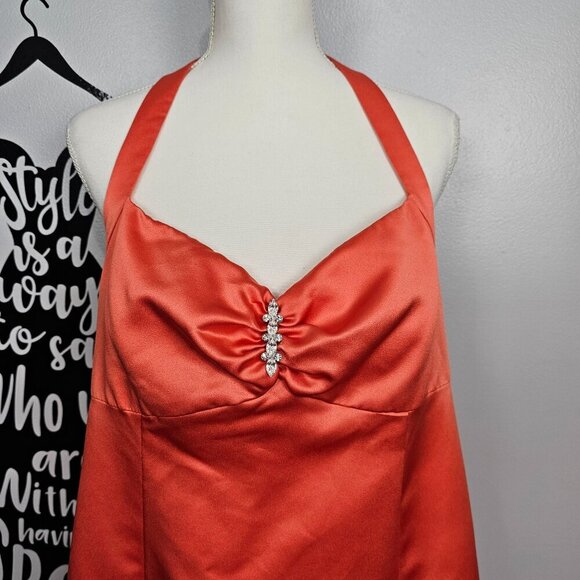 David's Bridal Halter Embellished A-Line Full Tangerine Midi Bridal Prom Gown - Picture 3 of 9
